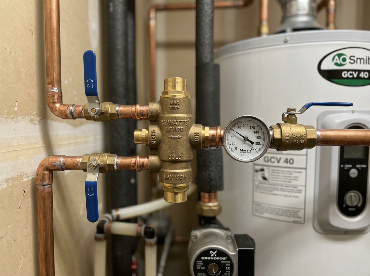 Close-up of a thermostatic mixing valve and solar collector piping connection on a residential water heater installation