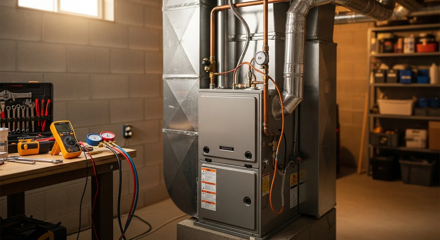 Technician installing new residential furnace system