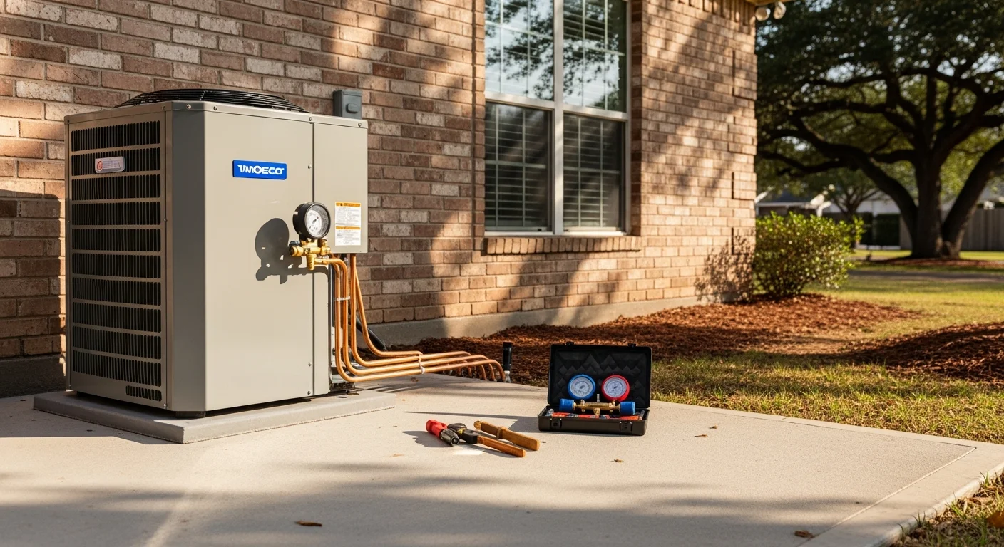 HVAC technician performing air conditioning repair on residential unit