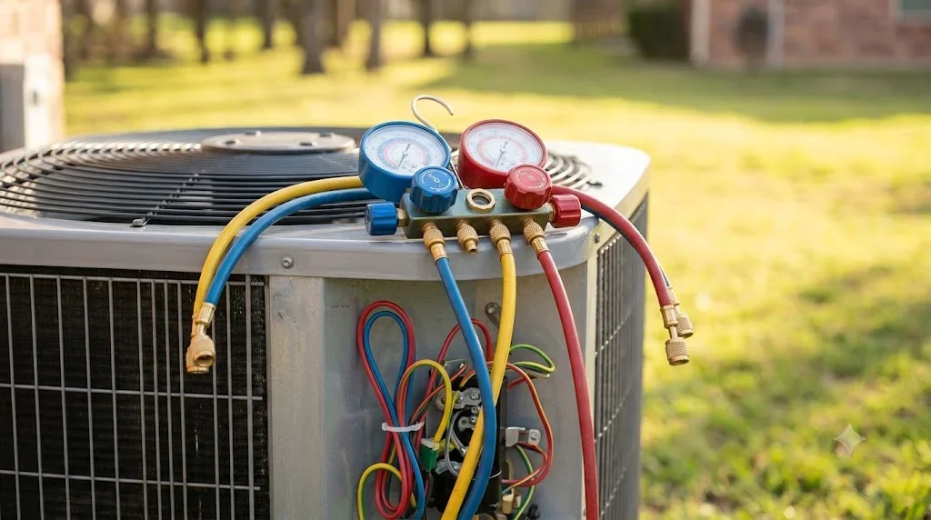 AC unit with blue and red pressure gauges, yellow and red refrigerant lines, brass fittings