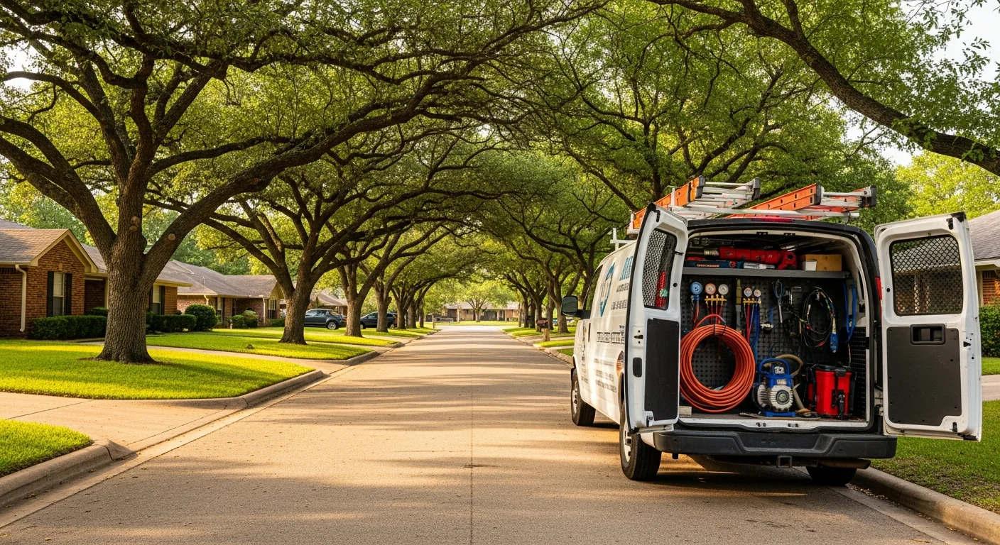 Residential street in College Station with tree-lined homes and manicured lawns typical of campus-area neighborhoods.