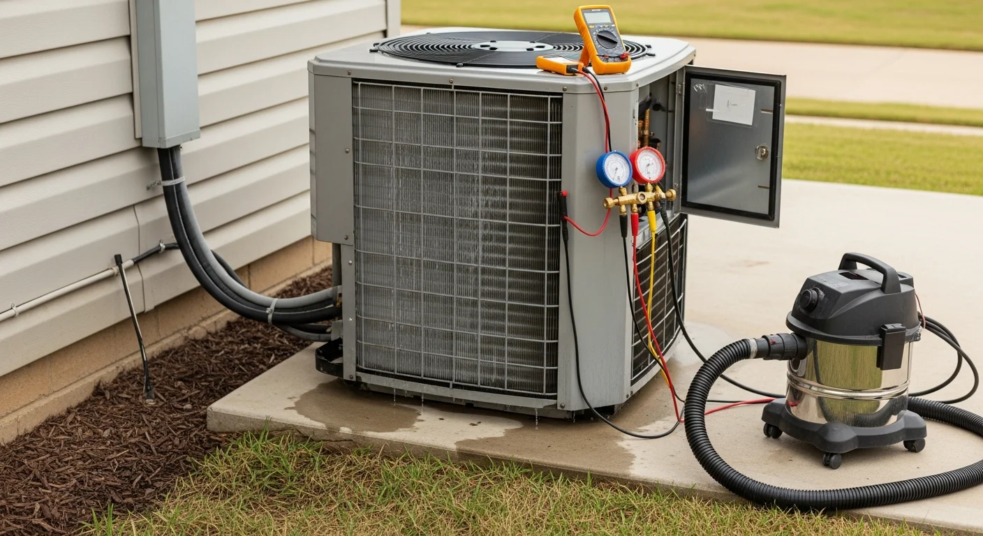 An Advantage Cooling & Heating technician inspecting the outdoor condenser unit of a residential AC system in College Station, Texas. The technician is checking electrical components and coil condition during a scheduled maintenance visit.