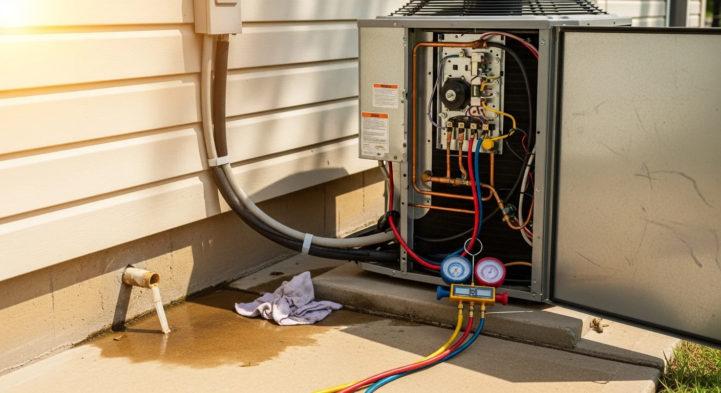 An Advantage Cooling & Heating technician inspecting an outdoor AC condenser unit at a College Station residential property on a hot summer day. The technician checks electrical components and refrigerant lines on a system showing signs of wear from the region's long cooling season.