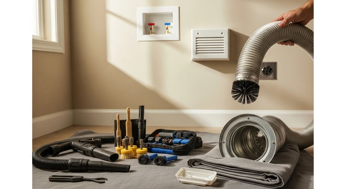 A technician from Advantage Cooling & Heating clearing a clogged dryer vent line at a College Station residential property. The exterior exhaust cap is visible with lint debris removed and airflow restored.