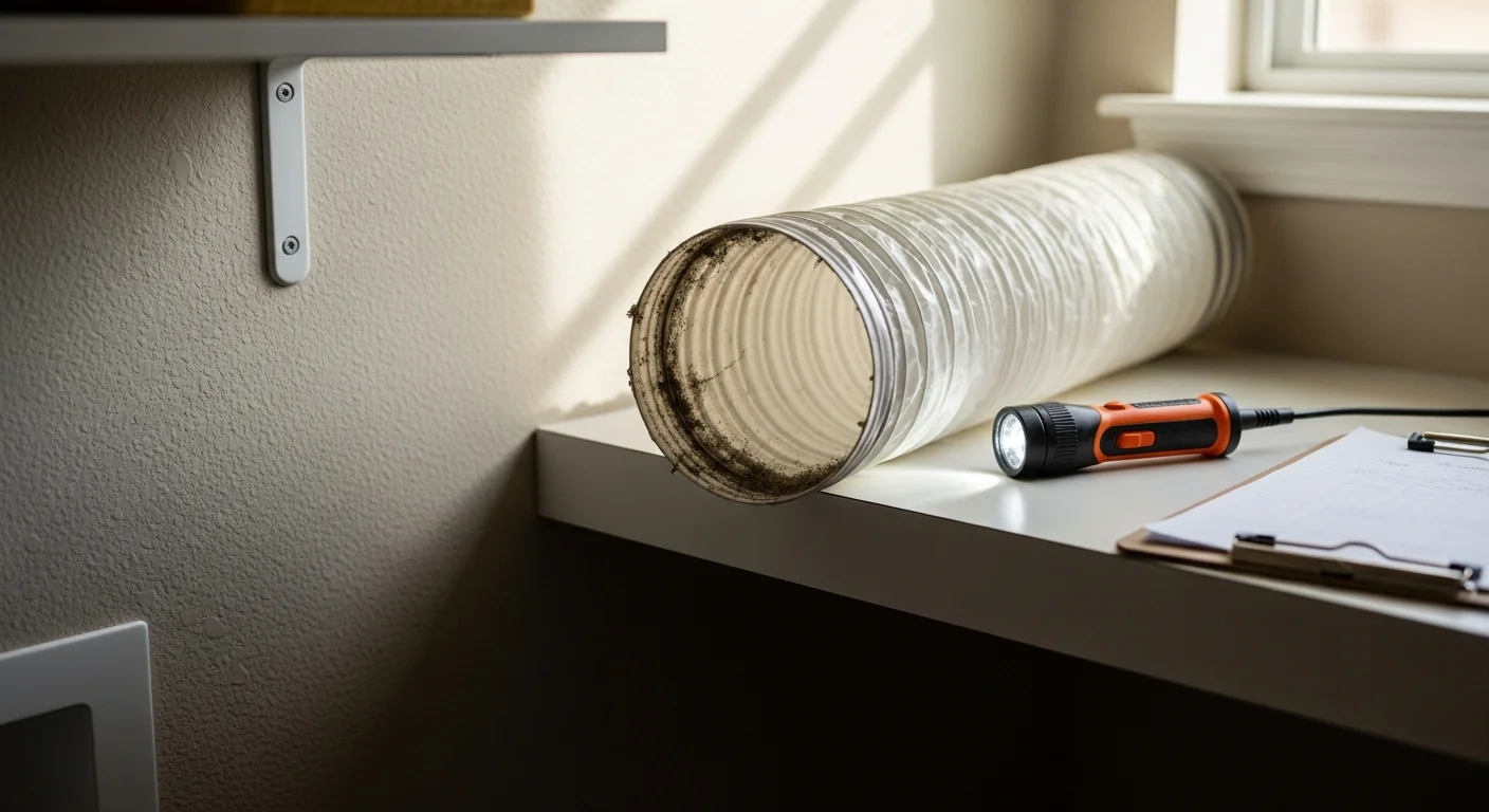 A technician from Advantage Cooling & Heating inspecting a residential dryer vent connection and ductwork in a College Station home laundry room. The image shows the vent duct running from the back of the dryer toward the exterior wall, with the technician checking for lint buildup and airflow restrictions.