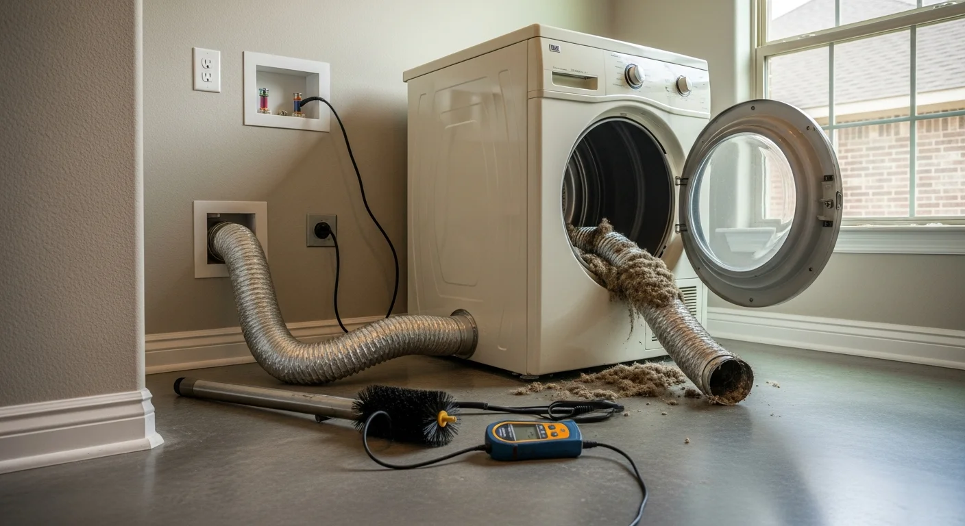 A technician from Advantage Cooling & Heating clearing a packed lint blockage from a residential dryer vent duct in a College Station home. The exterior vent cap is visible in the background with restored airflow after the cleaning.
