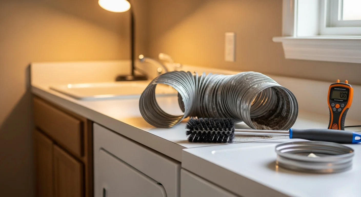 A technician from Advantage Cooling & Heating inspecting a repaired rigid metal dryer vent duct connection at the back of a residential dryer in a College Station home laundry room. The exterior vent cap is visible through the wall opening, showing a clear, unobstructed exhaust path.