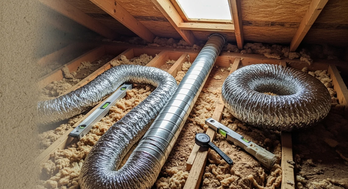 A technician installing rigid metal dryer vent ductwork inside a College Station home, with the old flexible foil duct removed and set aside on the laundry room floor.
