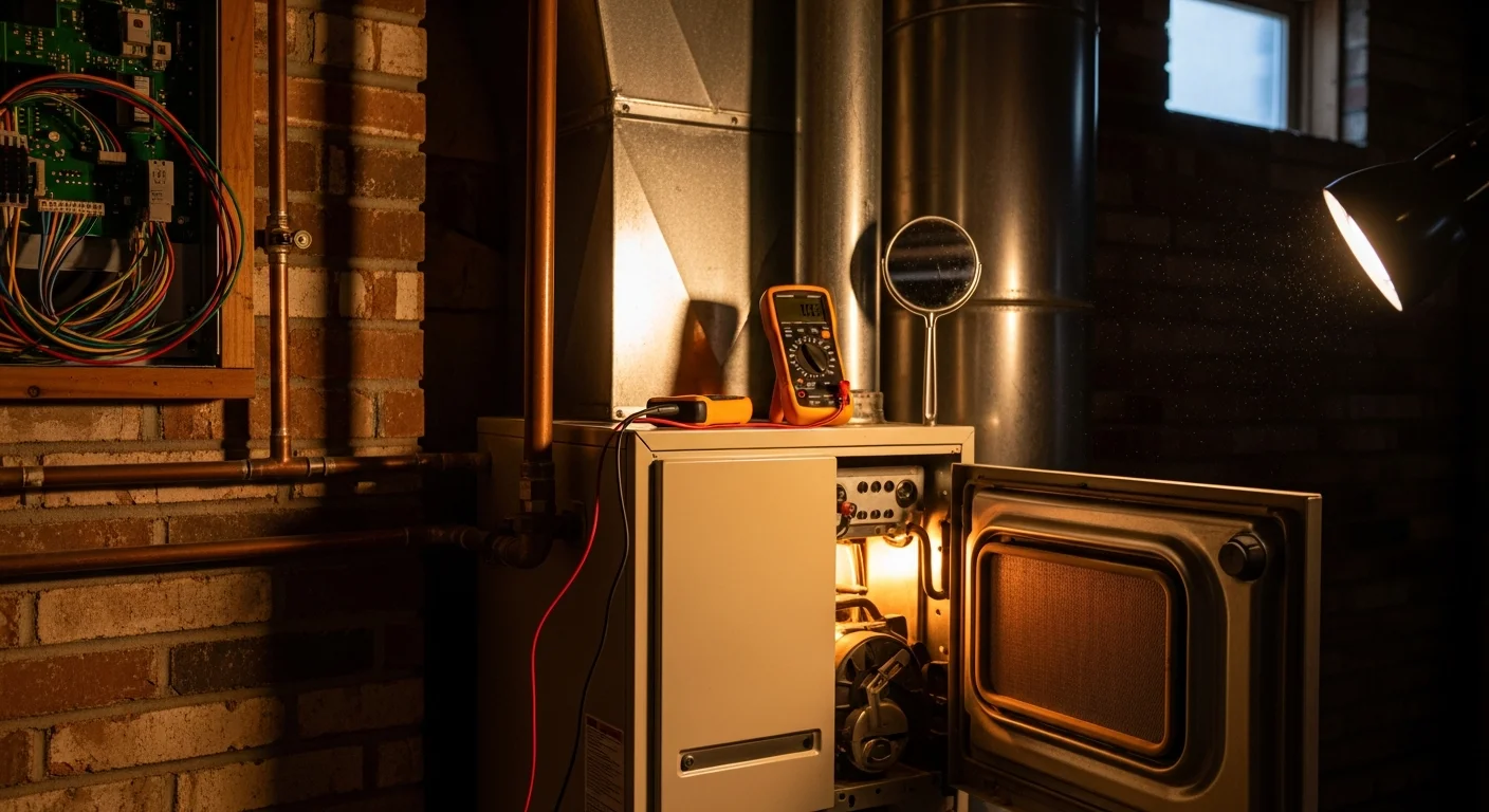 An Advantage Cooling & Heating technician inspecting the heat exchanger and burner assembly of a gas furnace inside a College Station home. The technician holds a diagnostic tool while reviewing the furnace components in a utility room.