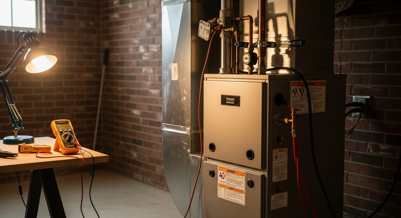 A newly installed furnace unit inside a College Station home utility room, with clean ductwork connections and a technician performing a final system check. The setup reflects a standard single-family residential installation common to College Station neighborhoods.