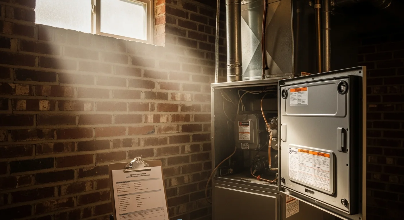 An Advantage Cooling & Heating technician inspecting the interior components of a residential gas furnace during a maintenance visit in College Station, Texas. The technician examines the burner assembly and heat exchanger with a flashlight inside a utility room.