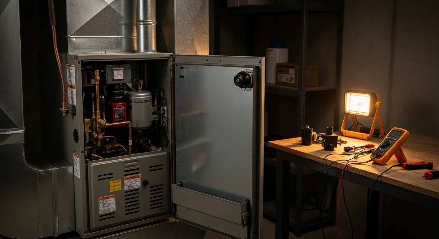 A licensed HVAC technician inspecting the internal components of a gas furnace inside a College Station, Texas home. The technician is examining the heat exchanger and ignitor with a diagnostic tool during a furnace repair service call.