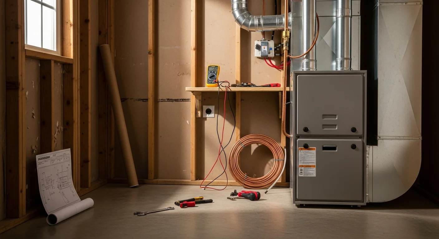 A newly installed gas furnace in the utility room of a College Station, Texas home, with clean supply lines and updated connections ready for seasonal heating use.