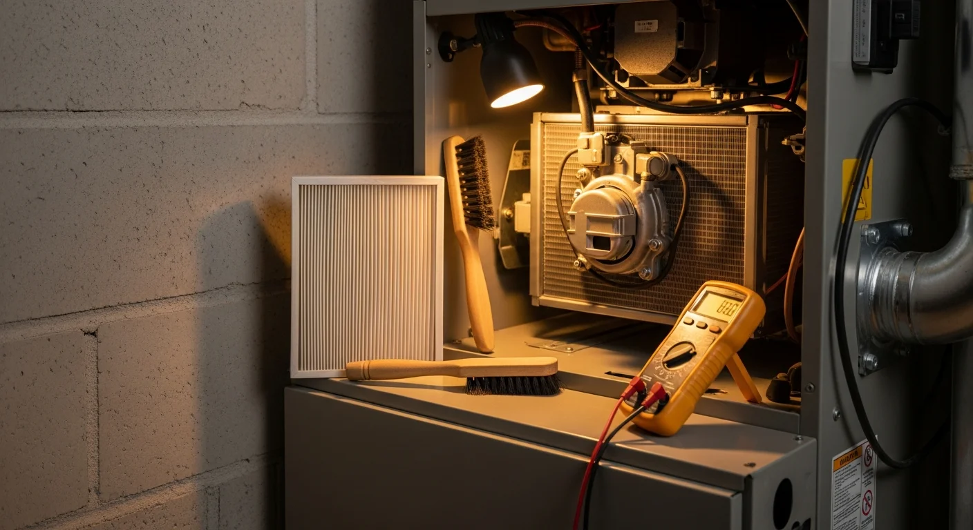 An HVAC technician inspecting and cleaning the blower motor inside a residential heating unit in College Station, Texas. The system panel is open and the technician is using a diagnostic tool to check electrical connections.
