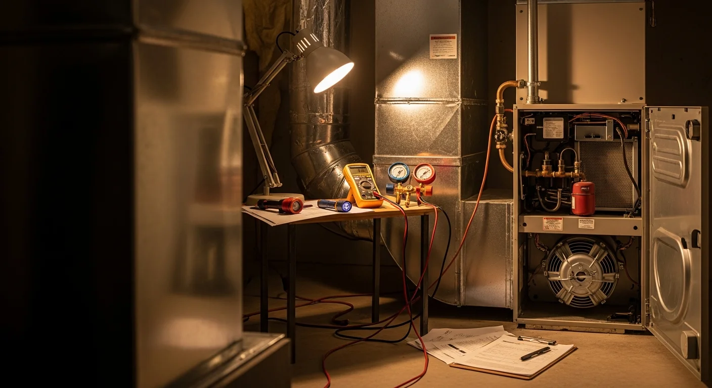 An HVAC technician inspecting the interior components of a residential furnace during a heater repair visit in College Station, Texas. The unit is open with visible heat exchanger and blower motor components under bright work lighting.