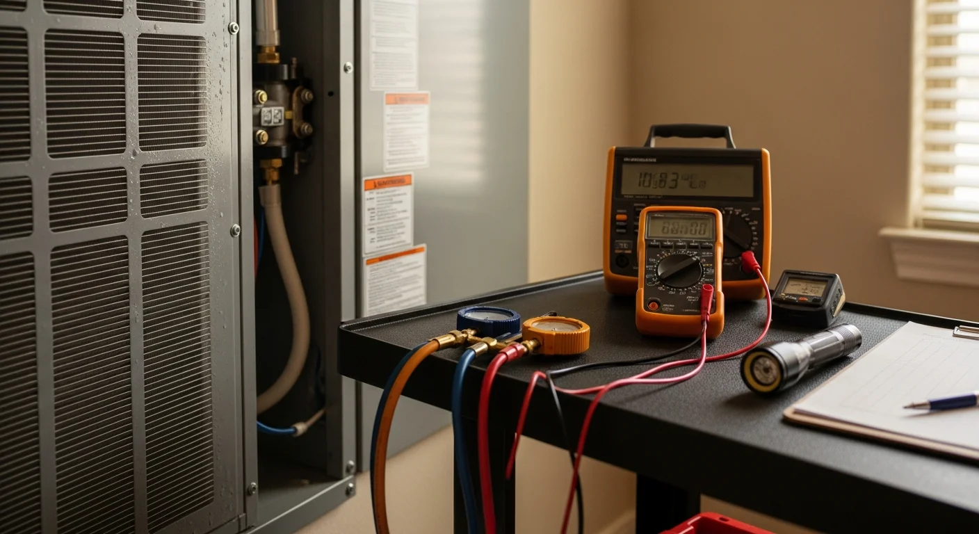 An Advantage Cooling & Heating technician inspecting an outdoor HVAC condenser unit at a College Station, TX residential property. The technician reviews system components during a professional HVAC inspection visit.