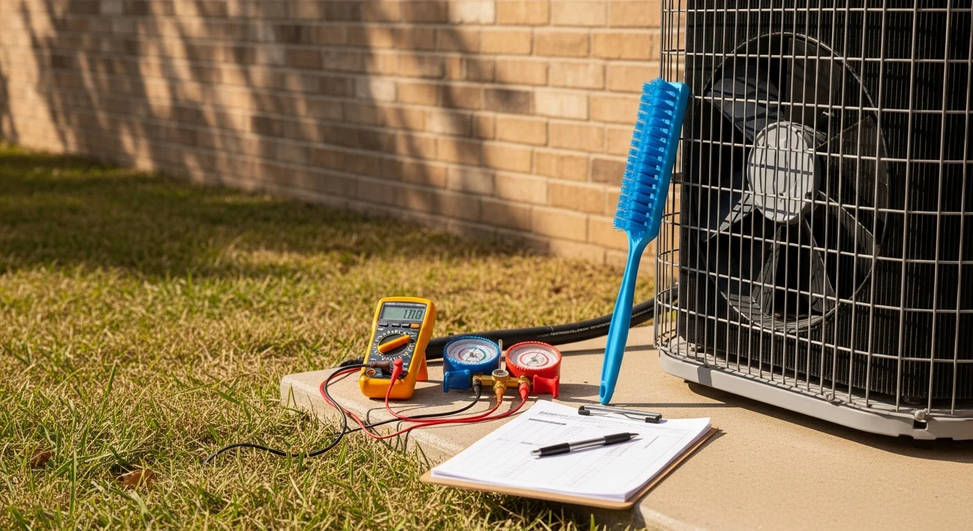 An Advantage Cooling & Heating technician inspecting an outdoor AC condenser unit at a College Station home during a scheduled HVAC maintenance agreement visit. The technician checks electrical connections and coil condition on a clear Texas day.