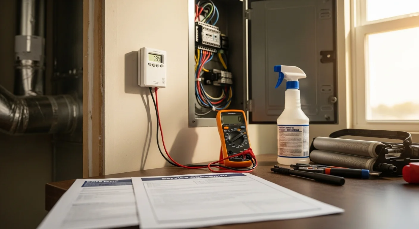 An Advantage Cooling & Heating technician inspecting an outdoor AC condenser unit at a College Station residential home. The technician checks electrical connections and coil condition during a scheduled HVAC service agreement maintenance visit.