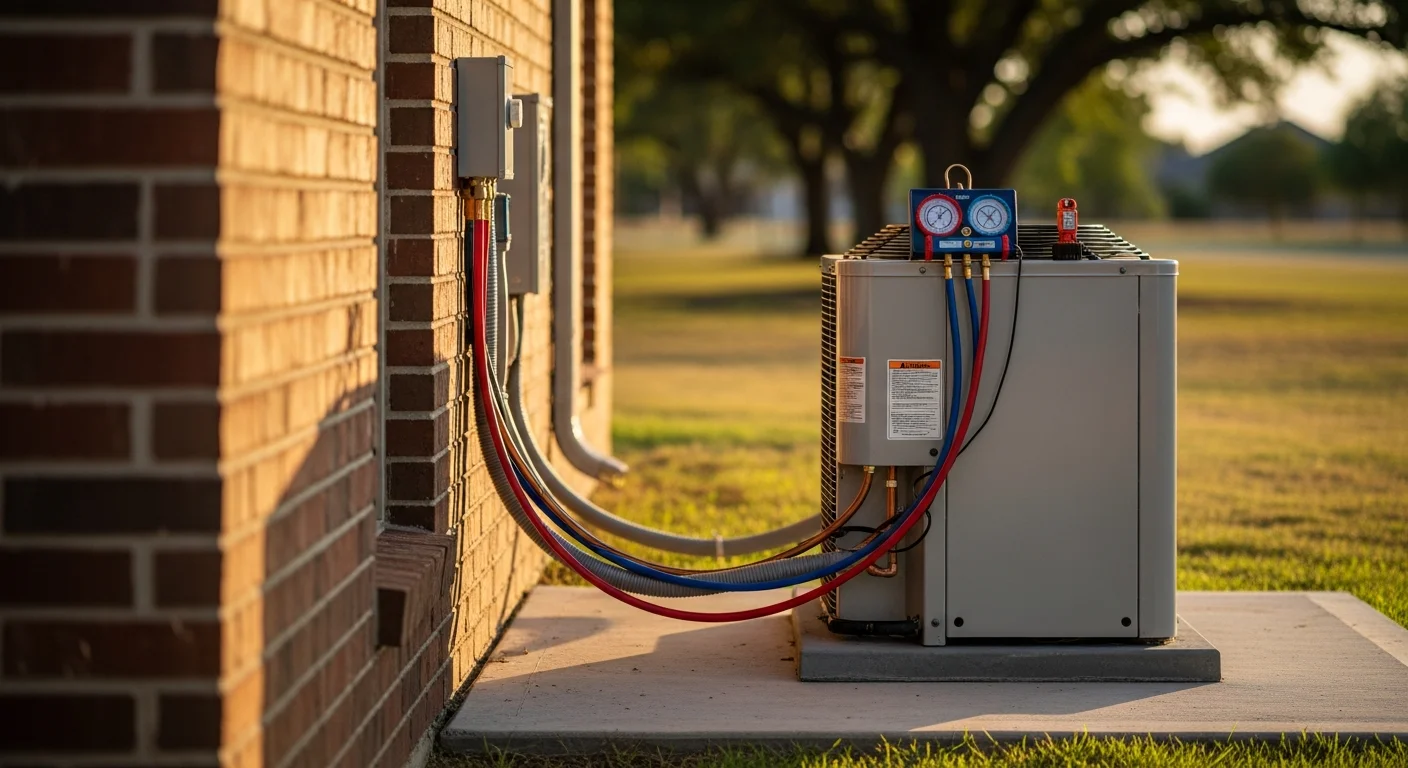 A newly installed residential central air conditioning outdoor condenser unit positioned on a concrete pad beside a College Station home. A technician in a branded uniform checks system connections on a clear Texas summer day.