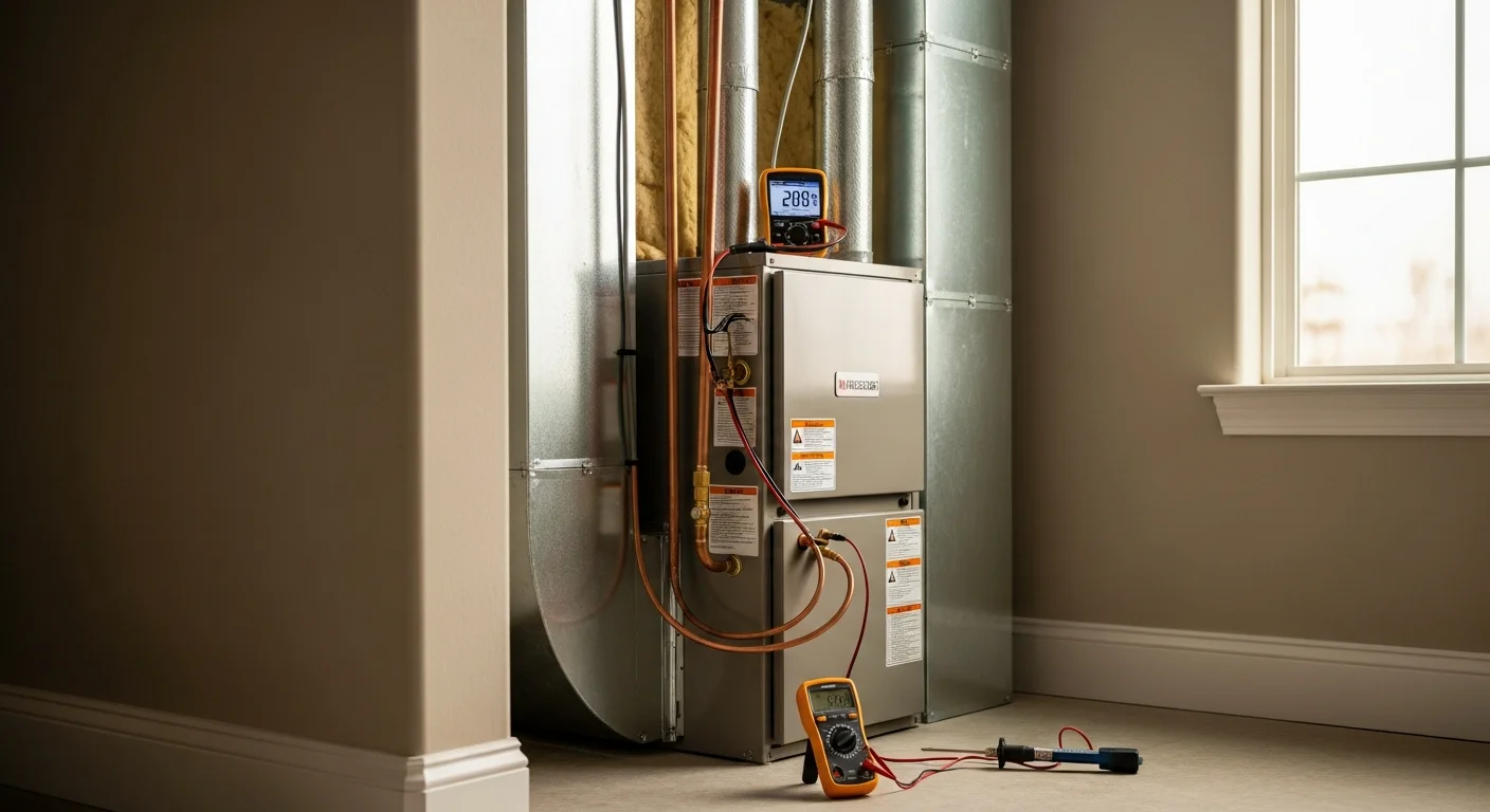 A licensed HVAC technician from Advantage Cooling & Heating completing a new heater installation inside a College Station home, with the indoor air handler unit mounted and connected in a utility closet. The technician checks airflow connections during the final system startup inspection.