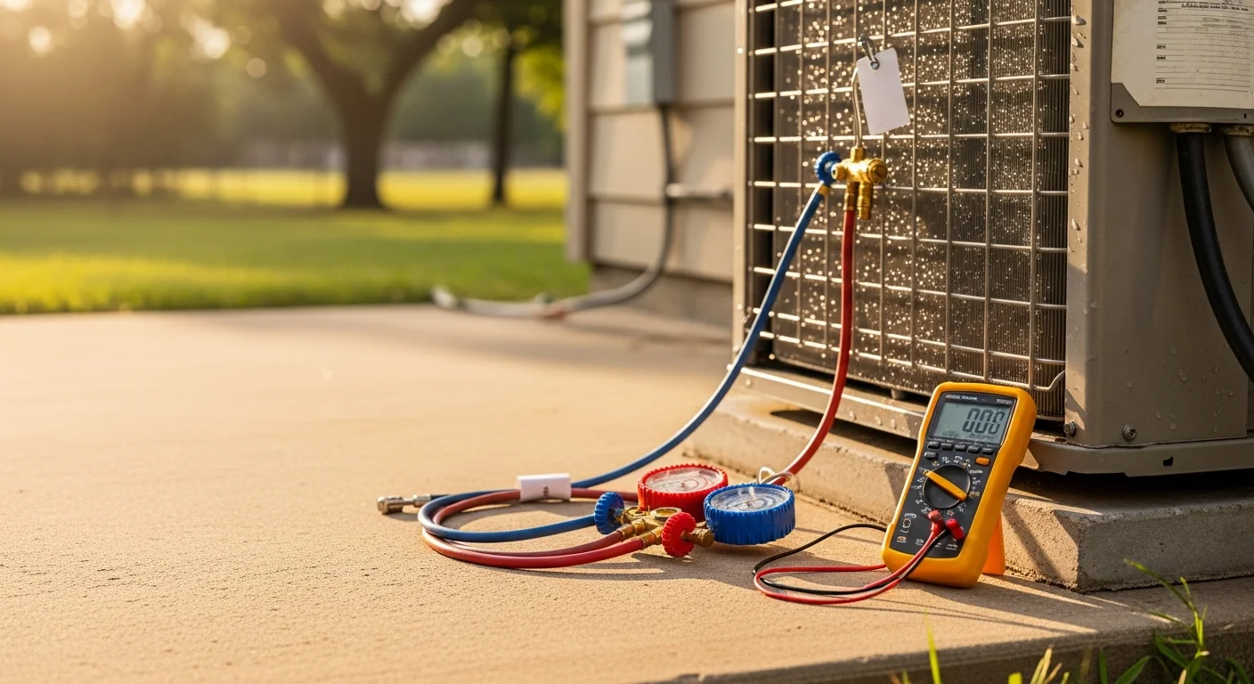 An Advantage Cooling & Heating technician inspecting an outdoor AC condenser unit at a College Station residential property during a seasonal HVAC tune-up. The technician is checking coil condition and electrical connections on a clear day.